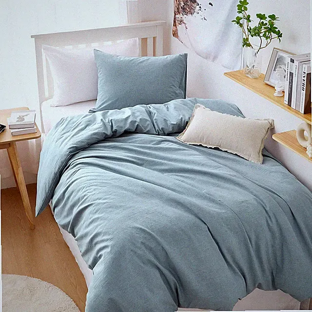 Cotton Duvet Cover Set, Twin Size, Light Blue, 100% Washed Cotton, Linen Like