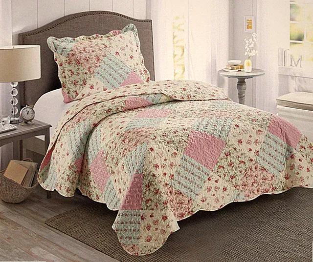 Pink Green Rose Floral Twin Quilt Set Patchwork Bedding Durable Soft Lightweight