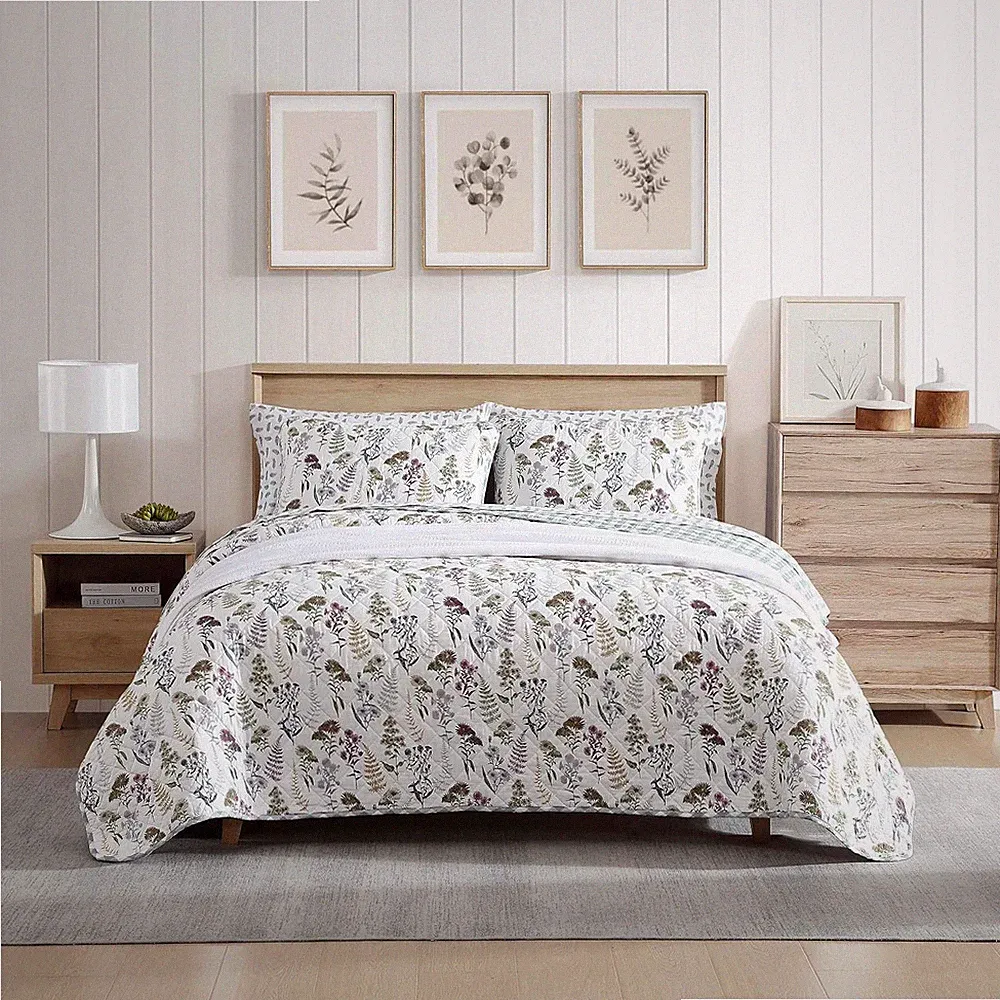 Twin Quilt Set, Reversible Cotton Bedding with Matching Sham, Classic Floral H
