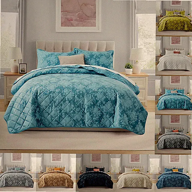 Velvet Quilted Bedspread Set Reversible Soft Coverlet Luxury Bedding Throw New